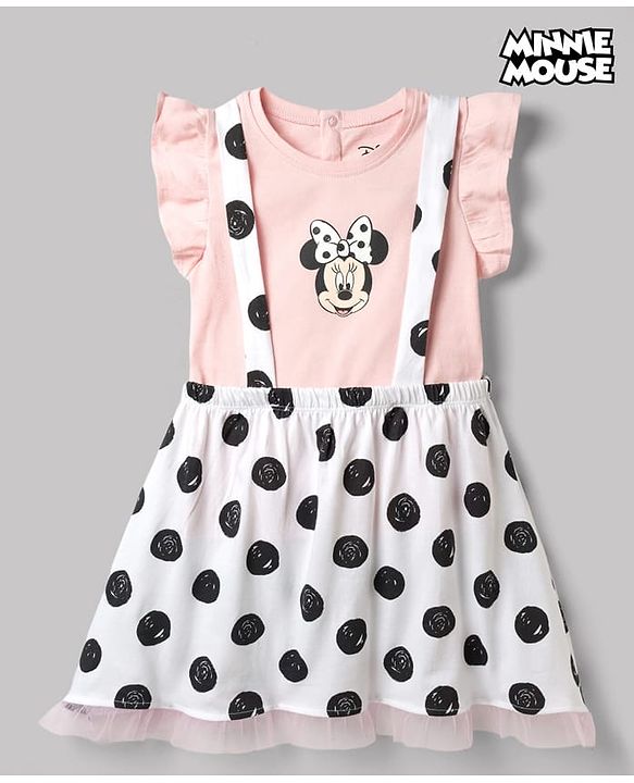 Babyhug Disney 100% Cotton Knit Half Frill Sleeves Top & Skirt Set With Polka Dots & Minnie Mouse Graphic - Pink & White