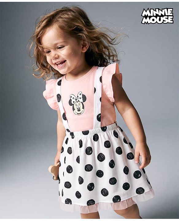 Babyhug Disney 100% Cotton Knit Half Frill Sleeves Top & Skirt Set With Polka Dots & Minnie Mouse Graphic - Pink & White