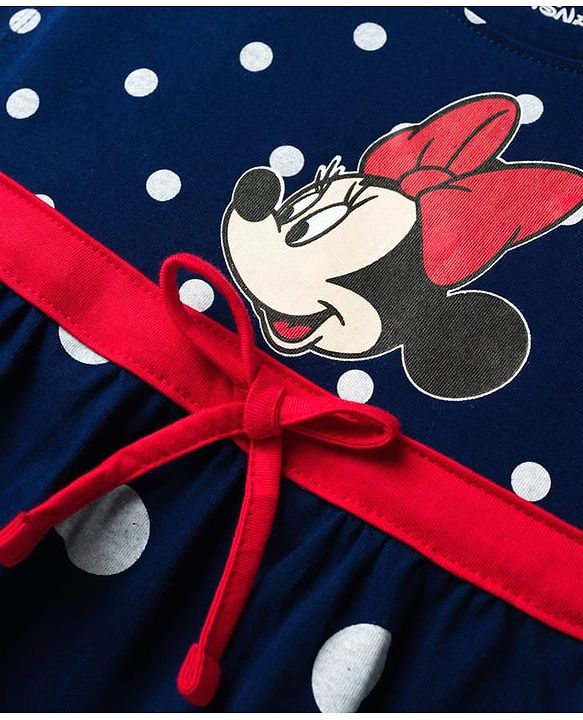 Babyhug Disney Single Jersey Knit Sleeveless Frock With Polka Dots & Minnie Mouse Graphics - Navy Blue