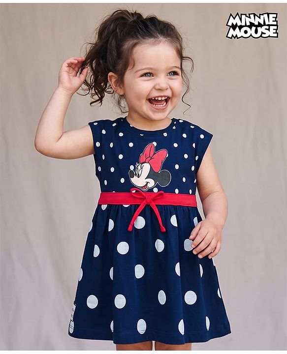 Babyhug Disney Single Jersey Knit Sleeveless Frock With Polka Dots & Minnie Mouse Graphics - Navy Blue