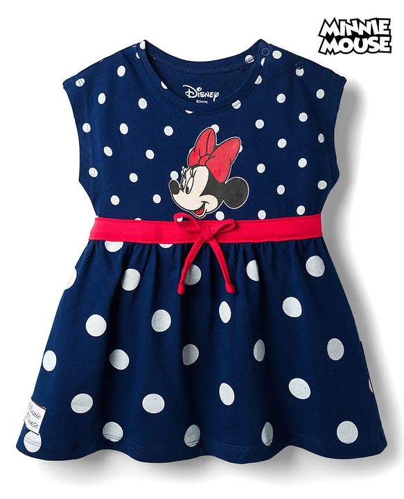 Babyhug Disney Single Jersey Knit Sleeveless Frock With Polka Dots & Minnie Mouse Graphics - Navy Blue