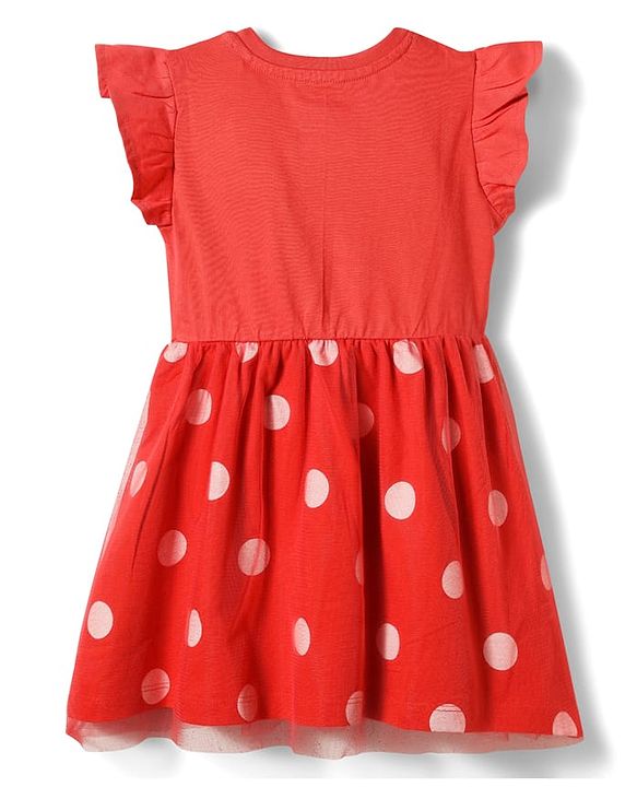 Babyhug Disney 100% Cotton Knit Half Frill Sleeves Frock With Minnie Mouse Graphics & Mesh Detailing - Red