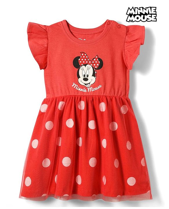 Babyhug Disney 100% Cotton Knit Half Frill Sleeves Frock With Minnie Mouse Graphics & Mesh Detailing - Red
