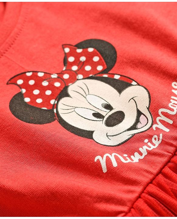 Babyhug Disney 100% Cotton Knit Half Frill Sleeves Frock With Minnie Mouse Graphics & Mesh Detailing - Red