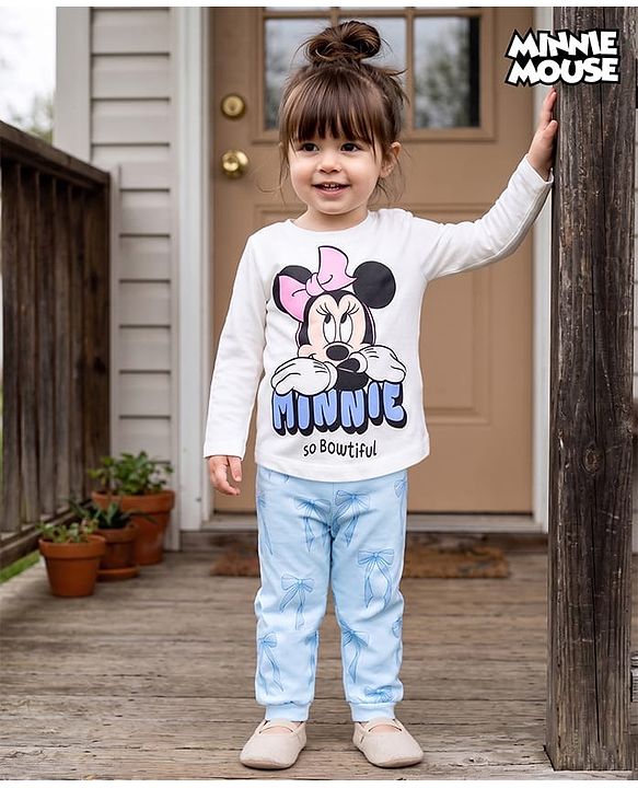 Babyhug Disney Single Jersey Knit Full Sleeves T-Shirt & Pyjama Night Suit With Minnie Mouse Graphic & Bow Print - White