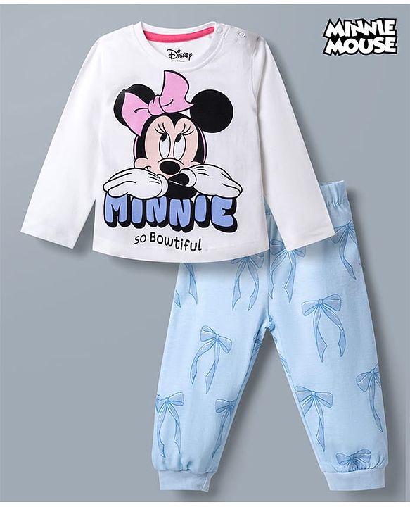 Babyhug Disney Single Jersey Knit Full Sleeves T-Shirt & Pyjama Night Suit With Minnie Mouse Graphic & Bow Print - White