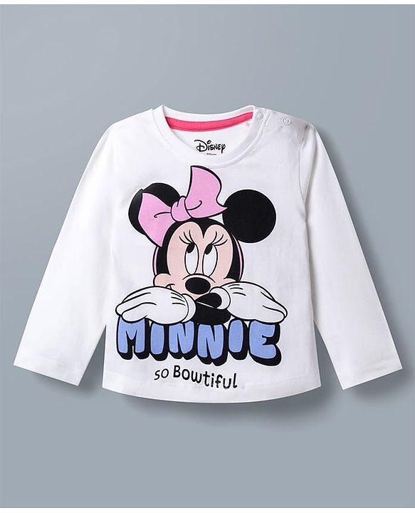 Babyhug Disney Single Jersey Knit Full Sleeves T-Shirt & Pyjama Night Suit With Minnie Mouse Graphic & Bow Print - White