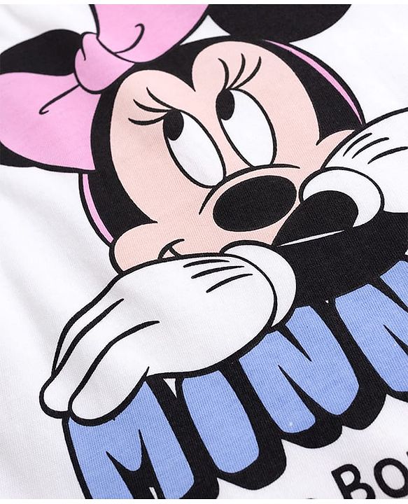 Babyhug Disney Single Jersey Knit Full Sleeves T-Shirt & Pyjama Night Suit With Minnie Mouse Graphic & Bow Print - White