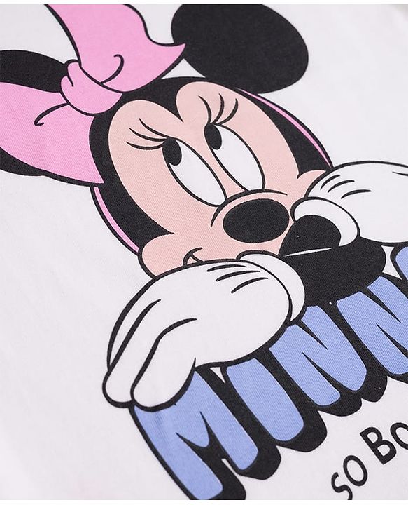 Babyhug Disney Single Jersey Knit Full Sleeves T-Shirt & Pyjama Night Suit With Minnie Mouse Graphic & Bow Print - White