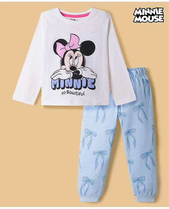 Babyhug Disney Single Jersey Knit Full Sleeves T-Shirt & Pyjama Night Suit With Minnie Mouse Graphic & Bow Print - White