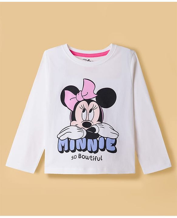 Babyhug Disney Single Jersey Knit Full Sleeves T-Shirt & Pyjama Night Suit With Minnie Mouse Graphic & Bow Print - White