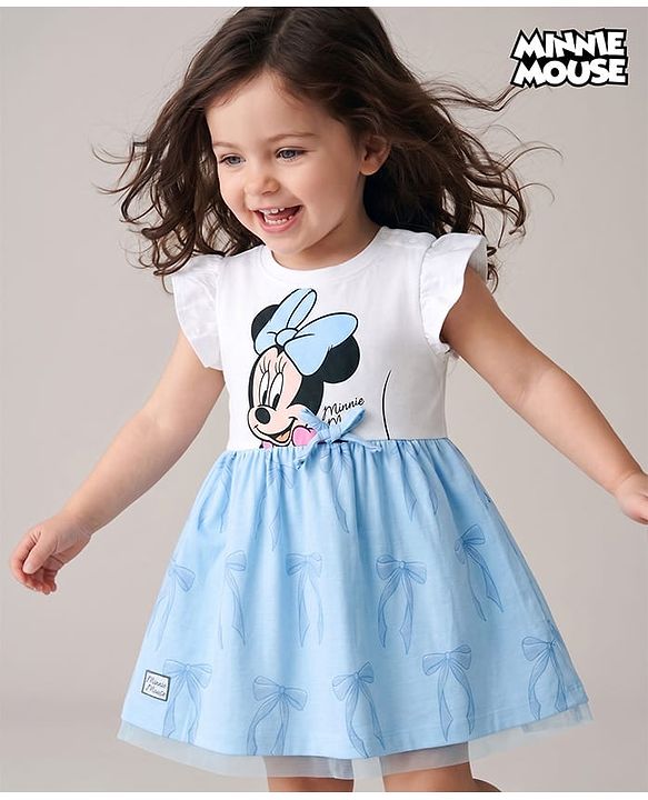Babyhug Disney Single Jersey Knit Sleeveless Frock with Disney Princess Print & Mesh Detailing - Light Blue