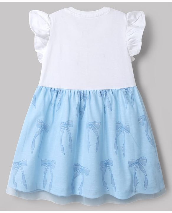 Babyhug Disney Single Jersey Knit Sleeveless Frock with Disney Princess Print & Mesh Detailing - Light Blue