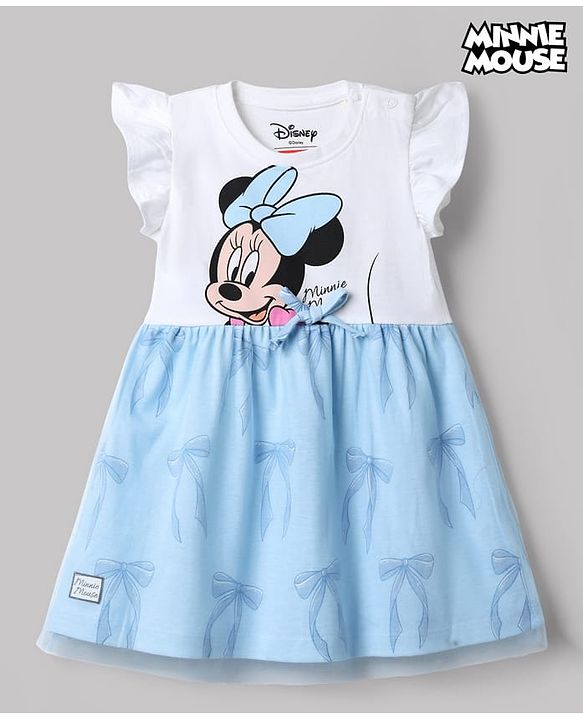 Babyhug Disney Single Jersey Knit Sleeveless Frock with Disney Princess Print & Mesh Detailing - Light Blue