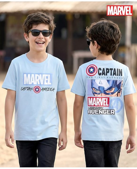 Pine Kids Marvel Single Jersey Knit Half Sleeves T-Shirt with Front & Back Avengers Graphic - Light Blue