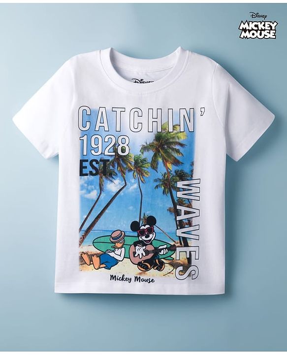 Pine Kids Disney Single Jersey Knit Half Sleeves T-Shirt with Mickey Mouse Graphic - White