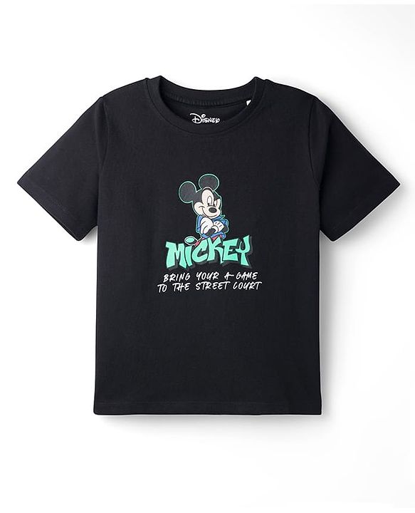 Pine Kids Disney 100% Cotton Knit Half Sleeves T-Shirt With Mickey Mouse Front & Back Print - Black