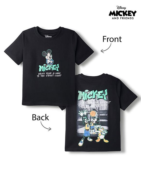 Pine Kids Disney 100% Cotton Knit Half Sleeves T-Shirt With Mickey Mouse Front & Back Print - Black