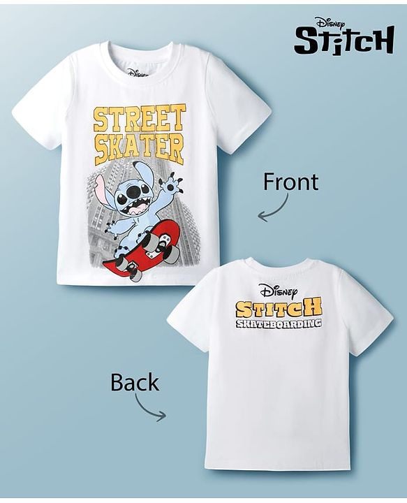 Pine Kids Disney 100% Cotton Knit Half Sleeves  T-Shirt With Lilo & Stitch Front & Back Print - White