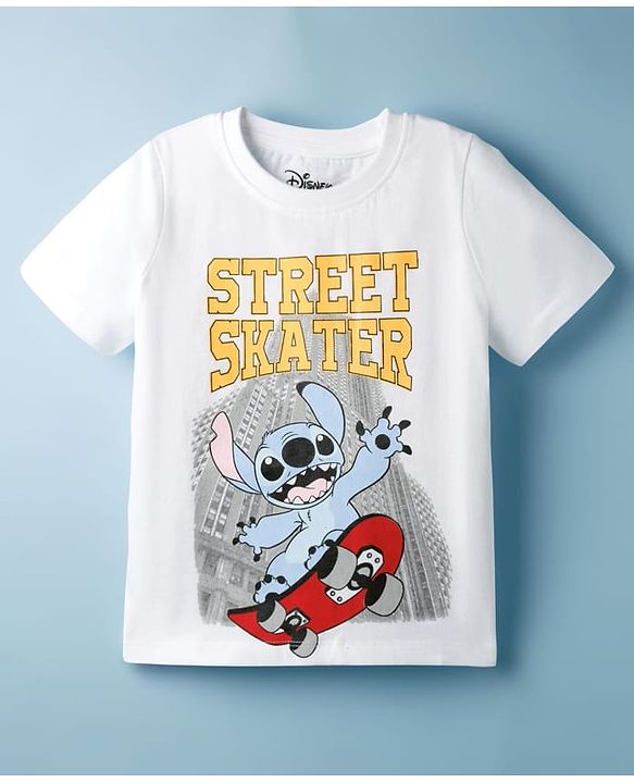 Pine Kids Disney 100% Cotton Knit Half Sleeves  T-Shirt With Lilo & Stitch Front & Back Print - White