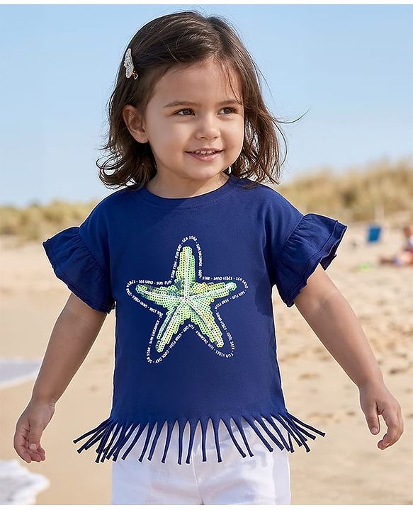 Babyhug Cotton Knit Half Sleeves T-Shirt With Starfish Sequin Detailing - Multicolor