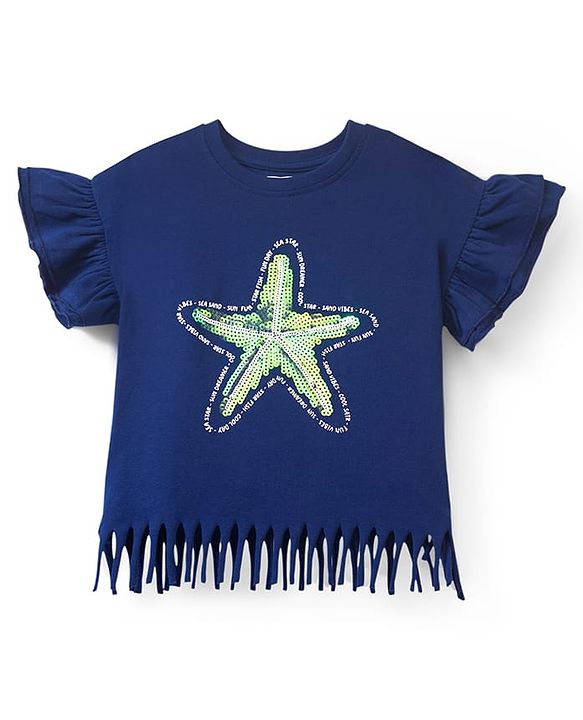 Babyhug Cotton Knit Half Sleeves T-Shirt With Starfish Sequin Detailing - Multicolor