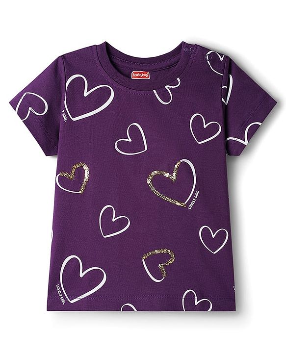 Babyhug Cotton Knit Half Sleeves T-Shirt With Heart Print - Multicolor