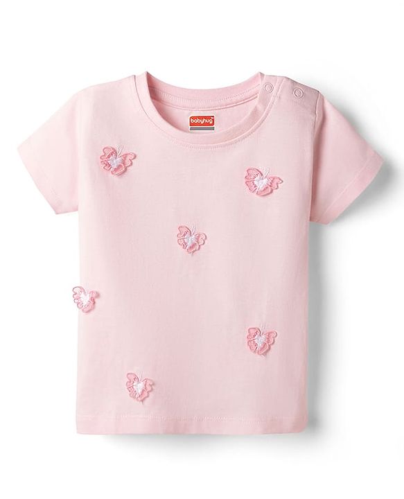 Babyhug Cotton Knit Half Sleeves T-Shirt With Butterfly Applique - Multicolor