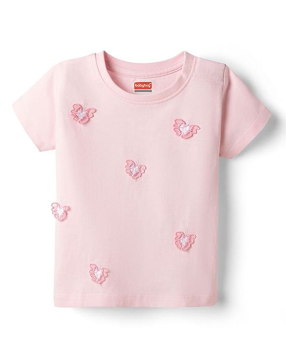 Babyhug Cotton Knit Half Sleeves T-Shirt With Butterfly Applique - Multicolor