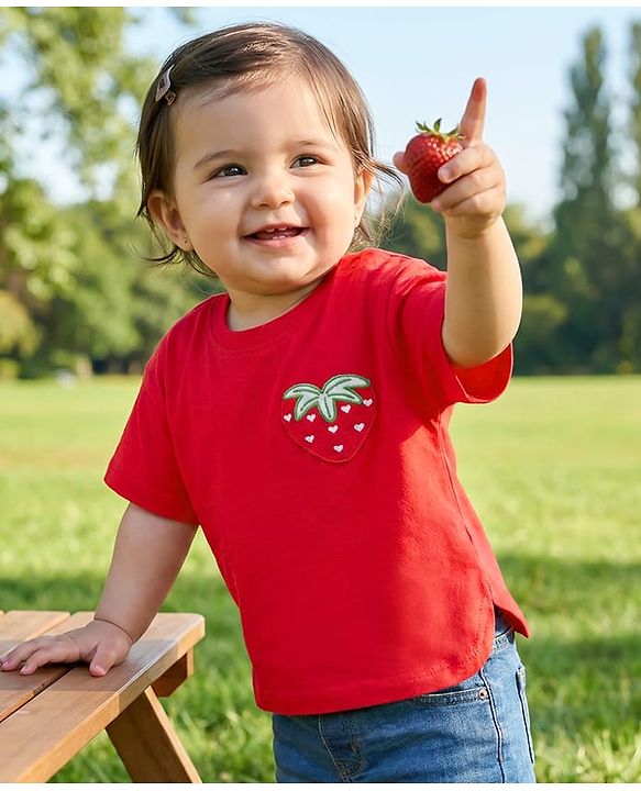 Babyhug Cotton Knit Half Sleeves Oversized T-Shirt with Strawberry Patch Detailing - Red