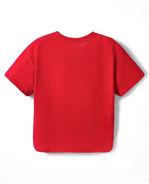 Babyhug 100% Cotton Knit Half Sleeves Oversized T-Shirt with Strawberry Patch Detailing - Red