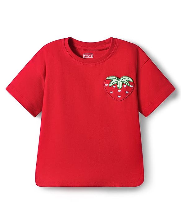 Babyhug 100% Cotton Knit Half Sleeves Oversized T-Shirt with Strawberry Patch Detailing - Red