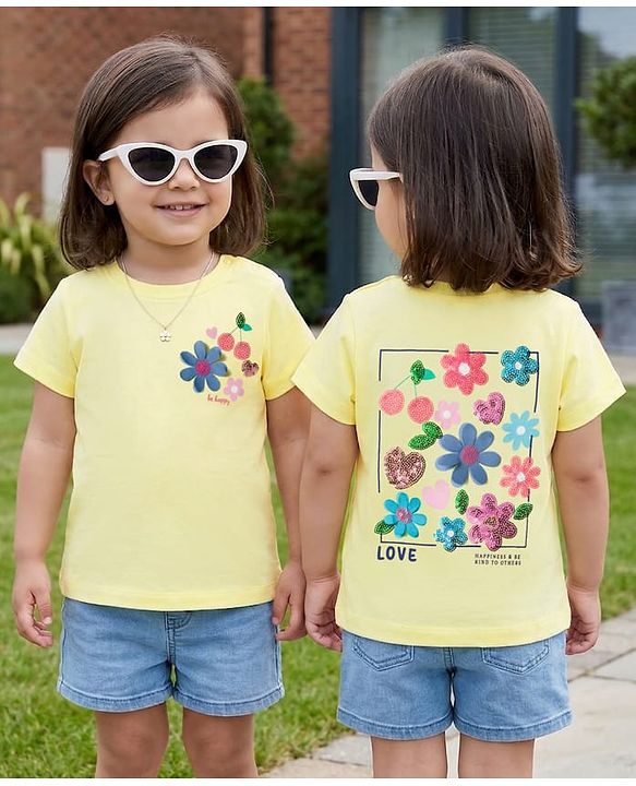 Babyhug Cotton Knit Half Sleeves T-Shirt With Floral Sequins - Multicolor