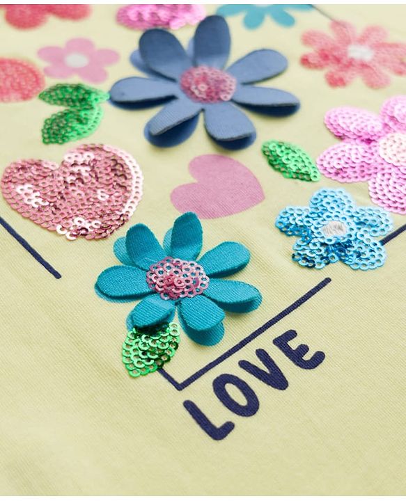 Babyhug Cotton Knit Half Sleeves T-Shirt With Floral Sequins - Multicolor
