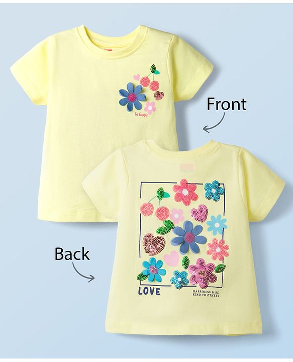 Babyhug Cotton Knit Half Sleeves T-Shirt With Floral Sequins - Multicolor