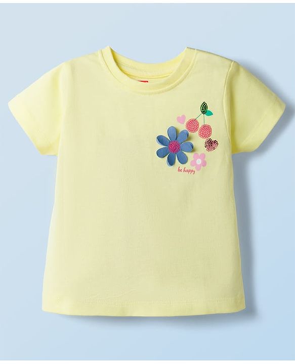 Babyhug Cotton Knit Half Sleeves T-Shirt With Floral Sequins - Multicolor