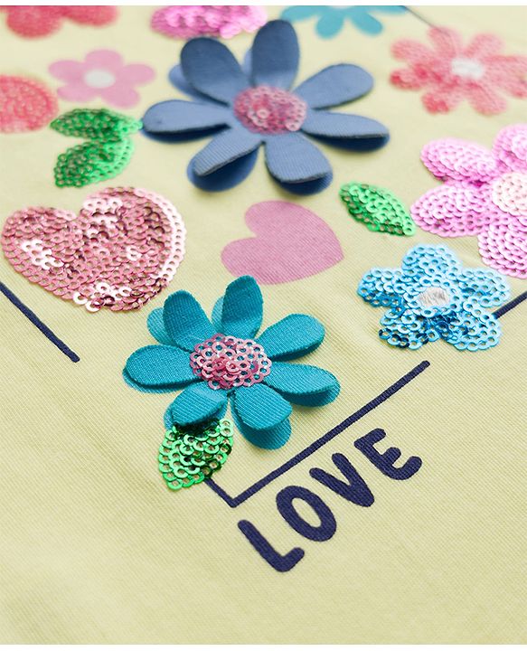 Babyhug Cotton Knit Half Sleeves T-Shirt With Floral Sequins - Multicolor