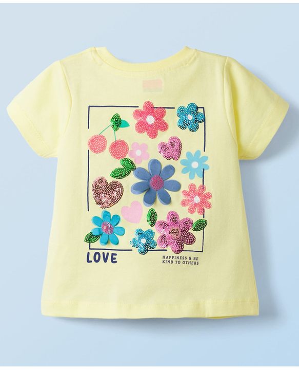 Babyhug Cotton Knit Half Sleeves T-Shirt With Floral Sequins - Multicolor