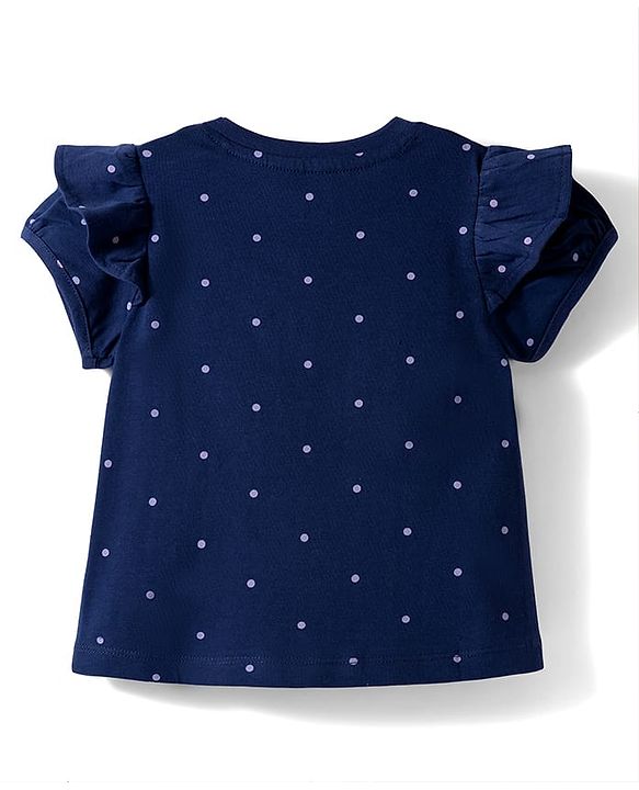 Babyhug Cotton Knit Half Sleeves Polka Dot Printed T-Shirt with Reversible Sequin Detailing - Navy Blue