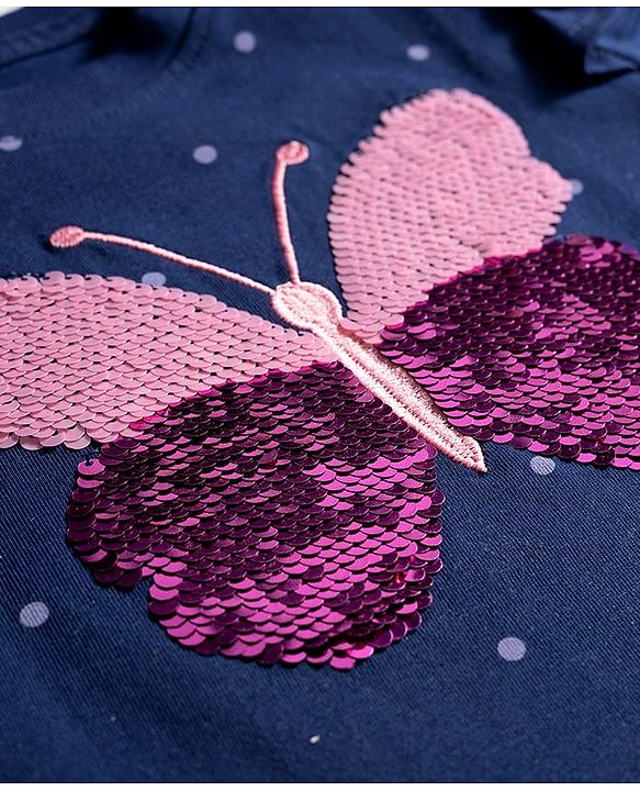 Babyhug Cotton Knit Half Sleeves Polka Dot Printed T-Shirt with Reversible Sequin Detailing - Navy Blue