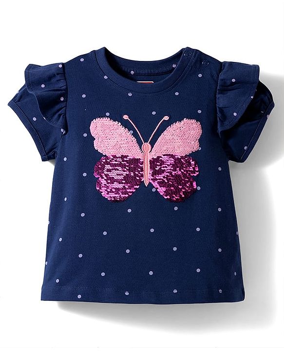 Babyhug Cotton Knit Half Sleeves Polka Dot Printed T-Shirt with Reversible Sequin Detailing - Navy Blue