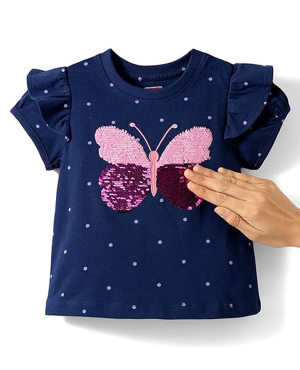 Babyhug Cotton Knit Half Sleeves Polka Dot Printed T-Shirt with Reversible Sequin Detailing - Navy Blue