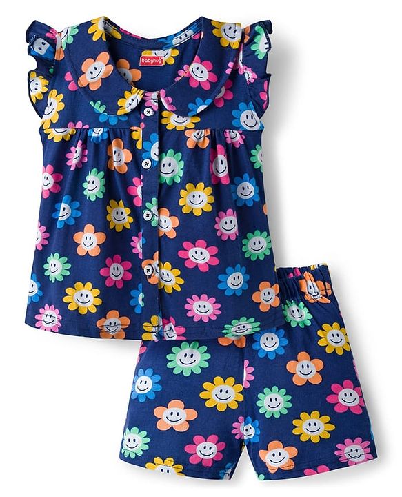 Babyhug Cotton Knit Frill Sleeves Front Open Co-ords Top & Short Night Suit with Floral Print - Navy Blue