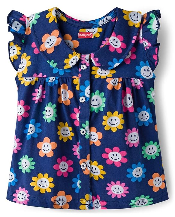 Babyhug Cotton Knit Frill Sleeves Front Open Co-ords Top & Short Night Suit with Floral Print - Navy Blue