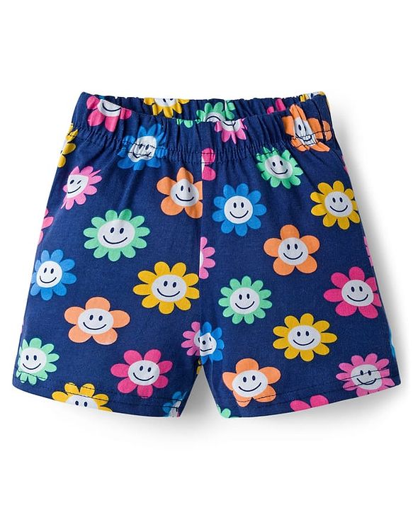 Babyhug Cotton Knit Frill Sleeves Front Open Co-ords Top & Short Night Suit with Floral Print - Navy Blue