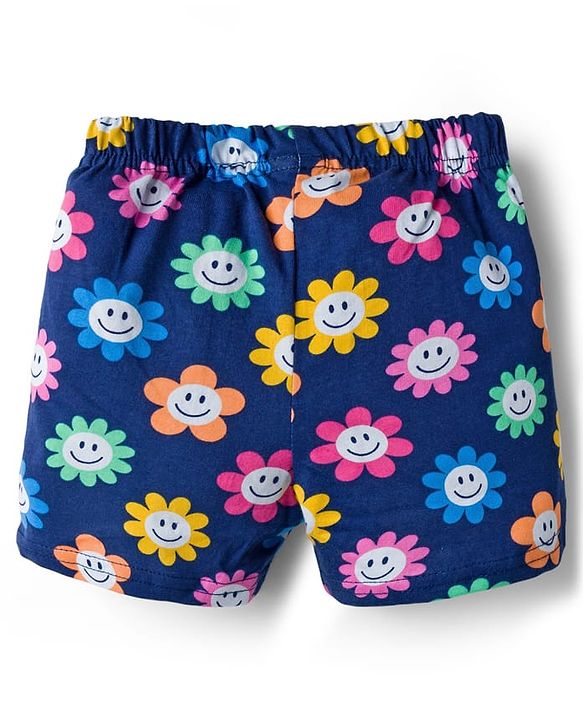 Babyhug Cotton Knit Frill Sleeves Front Open Co-ords Top & Short Night Suit with Floral Print - Navy Blue