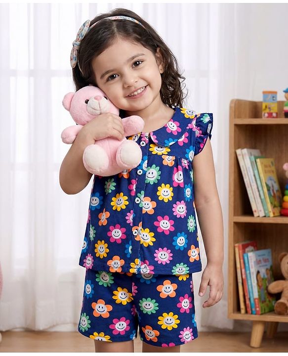 Babyhug Cotton Knit Frill Sleeves Front Open Co-ords Top & Short Night Suit with Floral Print - Navy Blue