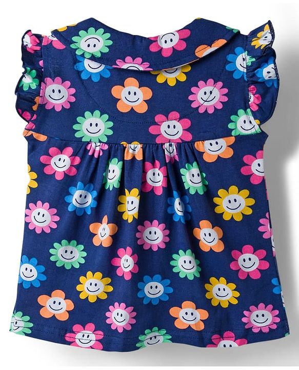 Babyhug Cotton Knit Frill Sleeves Front Open Co-ords Top & Short Night Suit with Floral Print - Navy Blue