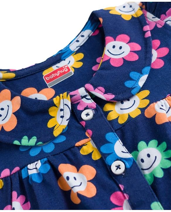 Babyhug Cotton Knit Frill Sleeves Front Open Co-ords Top & Short Night Suit with Floral Print - Navy Blue
