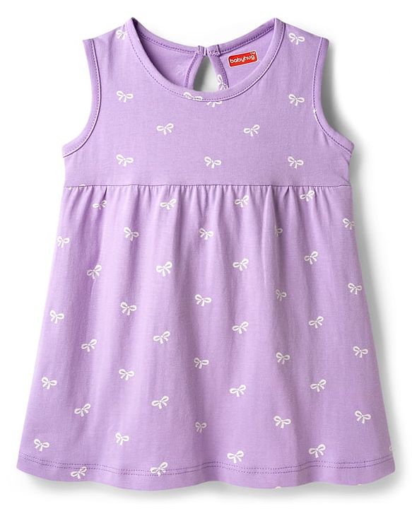 Babyhug Single Jersey Knit Sleeveless Frock With Bow Print & Applique - Lilac